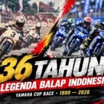 Ilustrasi perjalanan 36 tahun Yamaha Cup Race 1990–2026, menampilkan balap motor era klasik dan modern di Indonesia.