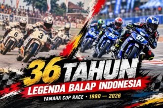 Ilustrasi perjalanan 36 tahun Yamaha Cup Race 1990–2026, menampilkan balap motor era klasik dan modern di Indonesia.