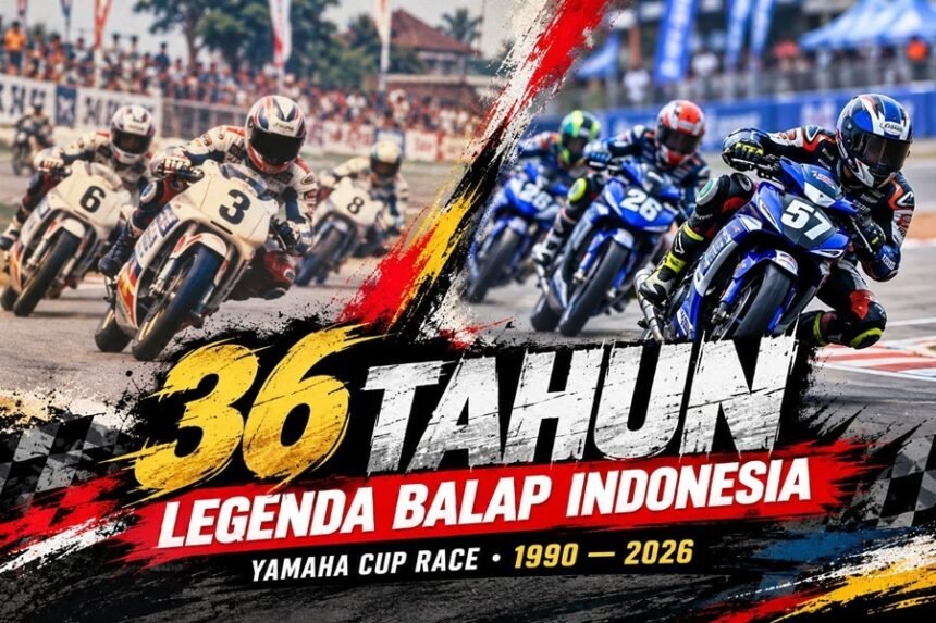 Ilustrasi perjalanan 36 tahun Yamaha Cup Race 1990–2026, menampilkan balap motor era klasik dan modern di Indonesia.