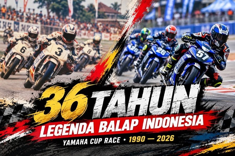Ilustrasi perjalanan 36 tahun Yamaha Cup Race 1990–2026, menampilkan balap motor era klasik dan modern di Indonesia.