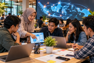 Tim startup muda berkolaborasi mengembangkan produk digital di ruang inovasi