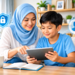 Ibu berhijab mendampingi anak laki-laki belajar menggunakan tablet di rumah dengan ilustrasi keamanan digital.