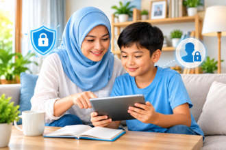 Ibu berhijab mendampingi anak laki-laki belajar menggunakan tablet di rumah dengan ilustrasi keamanan digital.