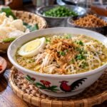 Ilustrasi soto khas Kebumen dengan kuah gurih, suwiran ayam, tauge, dan taburan bawang goreng.