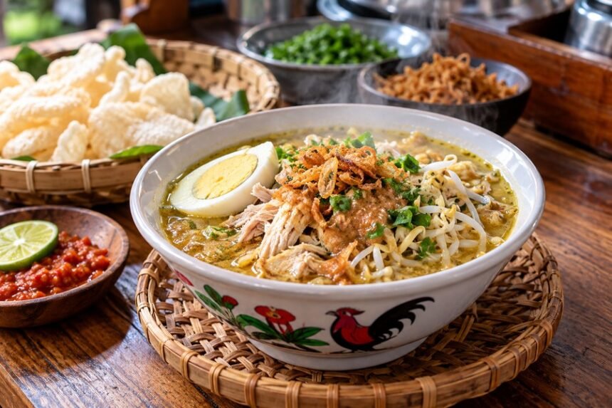Ilustrasi soto khas Kebumen dengan kuah gurih, suwiran ayam, tauge, dan taburan bawang goreng.
