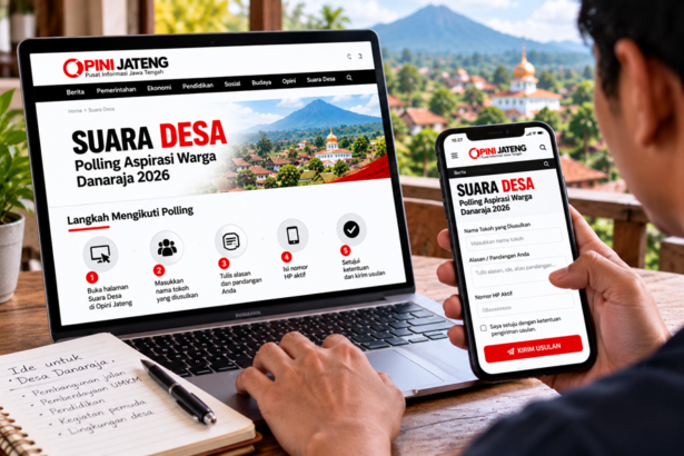 Ilustrasi warga mengakses formulir polling aspirasi warga Danaraja 2026 melalui website Opini Jateng menggunakan laptop dan ponsel.