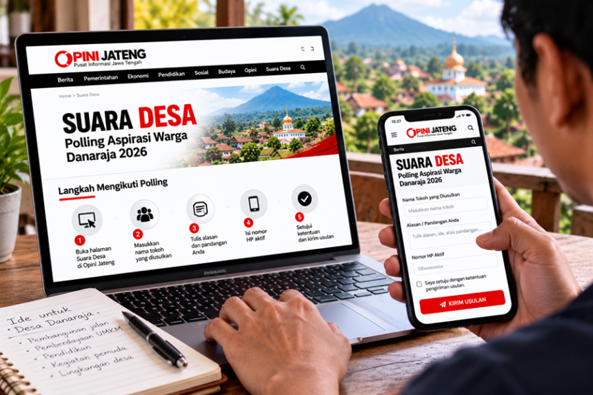 Ilustrasi warga mengakses formulir polling aspirasi warga Danaraja 2026 melalui website Opini Jateng menggunakan laptop dan ponsel.