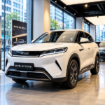 BYD Atto 2 berwarna putih dipamerkan di showroom mobil listrik modern.