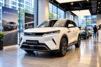 BYD Atto 2 berwarna putih dipamerkan di showroom mobil listrik modern.