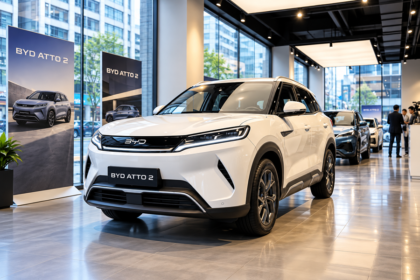 BYD Atto 2 berwarna putih dipamerkan di showroom mobil listrik modern.