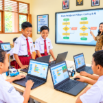 Foto ilustrasi siswa sekolah dasar belajar coding menggunakan laptop dan robot edukasi dengan bimbingan guru di kelas.