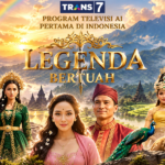 Ilustrasi fantasi Legenda Bertuah dengan karakter busana tradisional, burung merak, dan singa