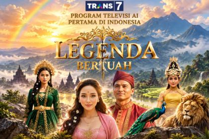 Ilustrasi fantasi Legenda Bertuah dengan karakter busana tradisional, burung merak, dan singa