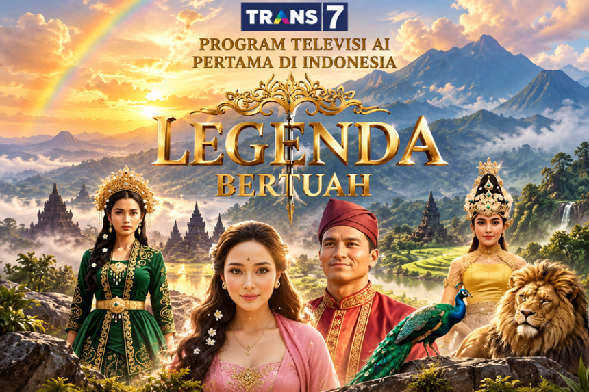 Ilustrasi fantasi Legenda Bertuah dengan karakter busana tradisional, burung merak, dan singa