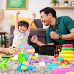 Ayah dan anak bermain mainan warna-warni bersama di ruang keluarga dengan suasana ceria.