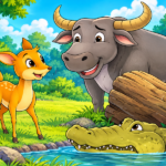 Ilustrasi seekor kancil, kerbau, dan buaya dalam cerita anak berlatar hutan hijau dan sungai.