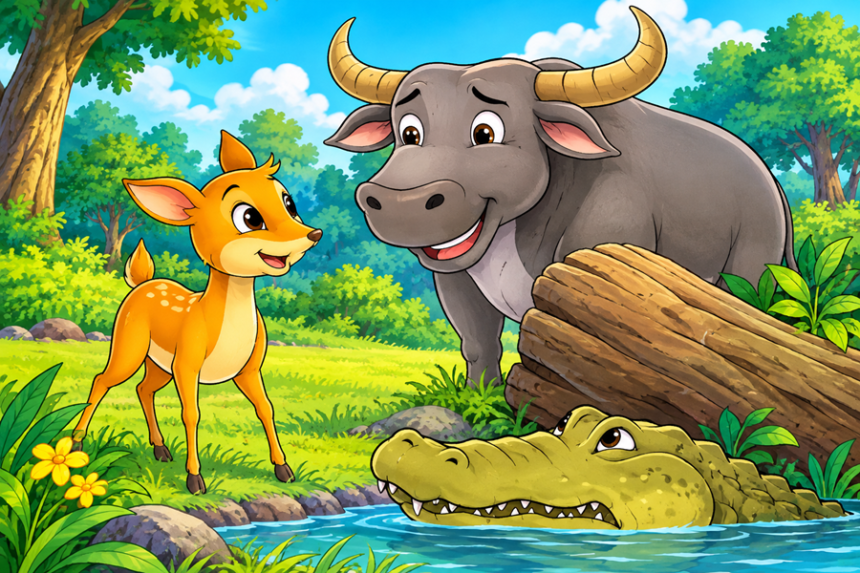 Ilustrasi seekor kancil, kerbau, dan buaya dalam cerita anak berlatar hutan hijau dan sungai.
