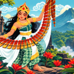 Ilustrasi Ratu Biku Gandasari mengenakan busana tradisional dan mahkota emas di tengah alam berlatar candi dan pegunungan.