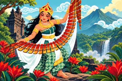Ilustrasi Ratu Biku Gandasari mengenakan busana tradisional dan mahkota emas di tengah alam berlatar candi dan pegunungan.