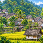Permukiman desa tradisional dengan rumah beratap rumbia, pepohonan tropis, sawah hijau, dan aliran air.