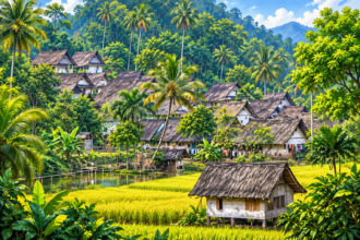 Permukiman desa tradisional dengan rumah beratap rumbia, pepohonan tropis, sawah hijau, dan aliran air.