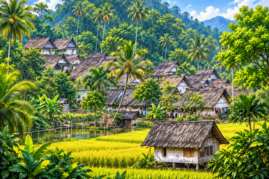 Permukiman desa tradisional dengan rumah beratap rumbia, pepohonan tropis, sawah hijau, dan aliran air.