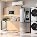 Ilustrasi dapur modern dengan kulkas dua pintu, mesin cuci, pengering pakaian, microwave, dan AC.