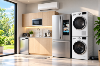 Ilustrasi dapur modern dengan kulkas dua pintu, mesin cuci, pengering pakaian, microwave, dan AC.
