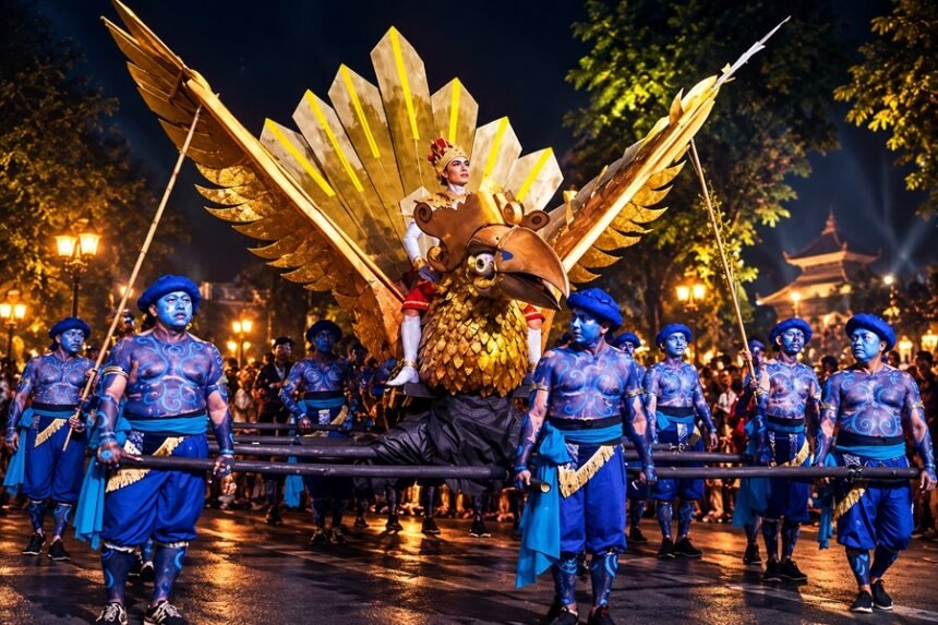 Ilustrasi parade Wayang Jogja Night Carnival dengan replika burung garuda berwarna emas dan penampil berkostum biru.