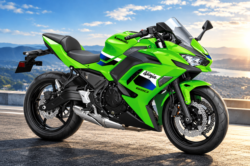 Ilustrasi Kawasaki Ninja 650 warna hijau dengan fairing sporty, windshield tinggi, lampu depan agresif, dan velg hitam.