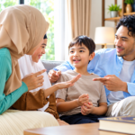 Ilustrasi keluarga Indonesia yang terdiri dari orang tua dan anak sedang bercengkerama di ruang keluarga
