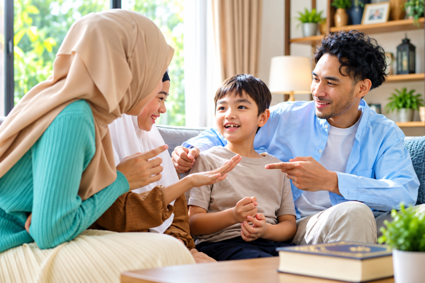 Ilustrasi keluarga Indonesia yang terdiri dari orang tua dan anak sedang bercengkerama di ruang keluarga