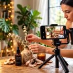 Content creator merekam video promosi produk skincare menggunakan smartphone, tripod, dan lampu tambahan.