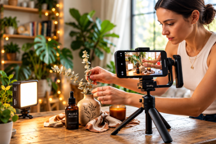 Content creator merekam video promosi produk skincare menggunakan smartphone, tripod, dan lampu tambahan.