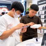 Dua konsumen memeriksa smartphone dan kotak iPhone di toko elektronik.