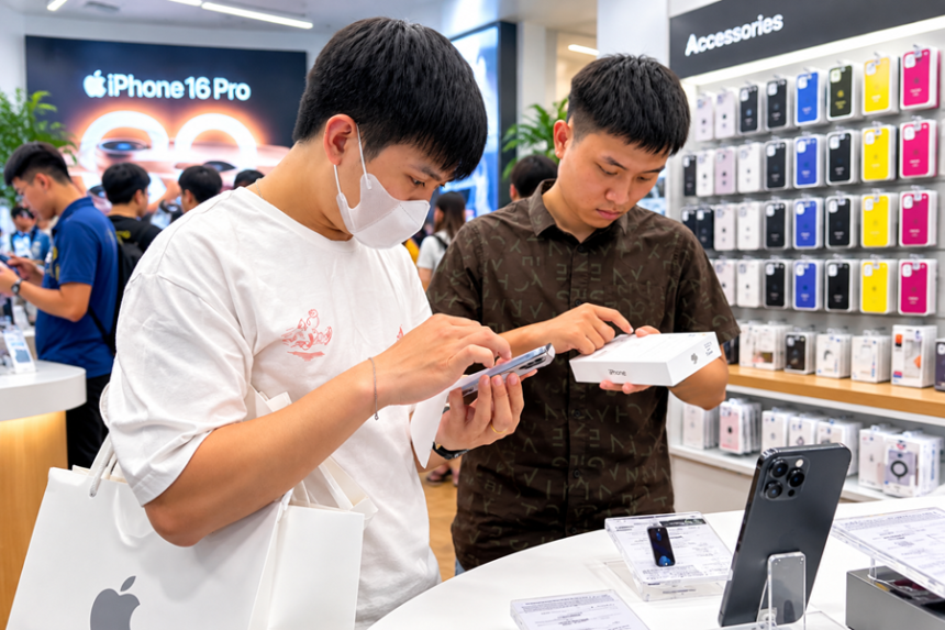 Dua konsumen memeriksa smartphone dan kotak iPhone di toko elektronik.
