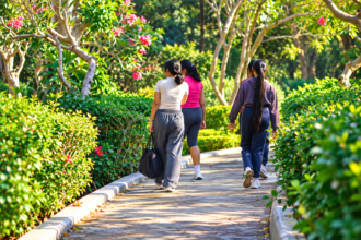 Tiga perempuan berjalan di jalur taman yang dikelilingi pepohonan dan tanaman hijau.