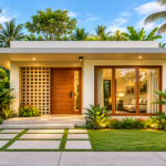 Ilustrasi rumah minimalis modern tropis dengan pintu kayu, jendela kaca, dan taman hijau.