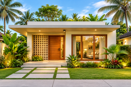 Ilustrasi rumah minimalis modern tropis dengan pintu kayu, jendela kaca, dan taman hijau.