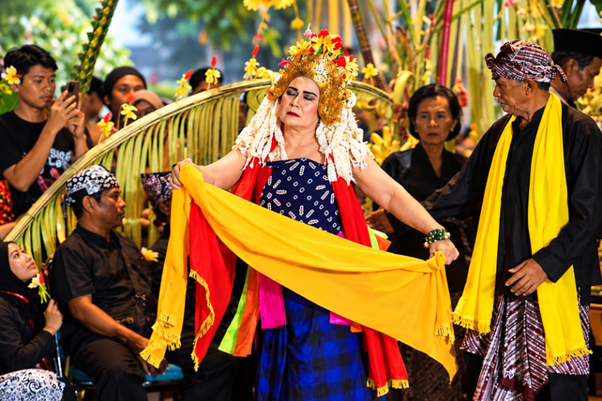 Ilustrasi penari tradisional mengenakan hiasan kepala berwarna emas dan membawa selendang kuning dalam pertunjukan budaya.