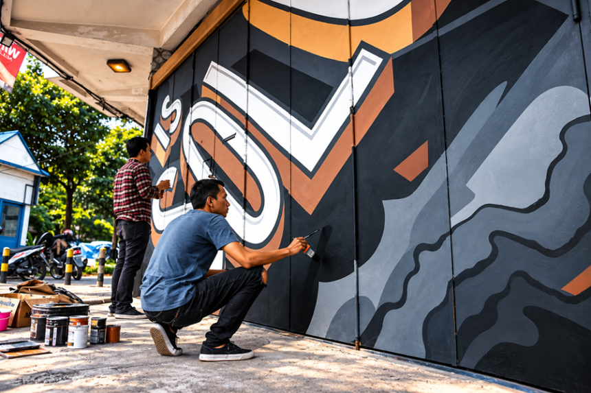 Dua seniman sedang melukis mural grafiti bermotif geometris berwarna hitam, putih, abu-abu, dan cokelat pada dinding bangunan.