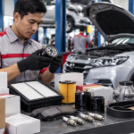 Mekanik memeriksa suku cadang mobil berupa filter oli, filter udara, busi, dan komponen otomotif lainnya.