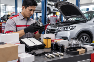 Mekanik memeriksa suku cadang mobil berupa filter oli, filter udara, busi, dan komponen otomotif lainnya.