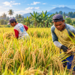 Ilustrasi petani memanen padi di sawah untuk mendukung ketahanan pangan.