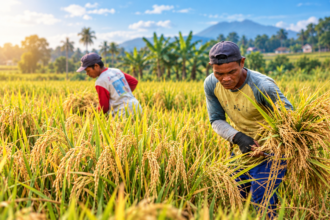 Ilustrasi petani memanen padi di sawah untuk mendukung ketahanan pangan.