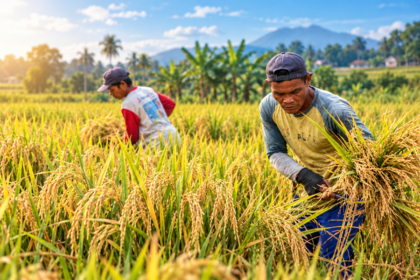 Ilustrasi petani memanen padi di sawah untuk mendukung ketahanan pangan.