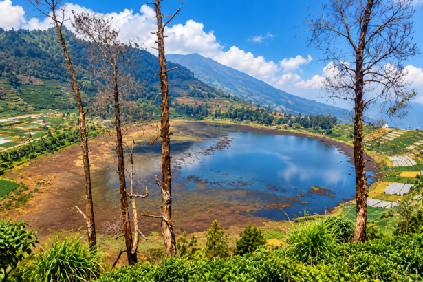Ilustrasi Telaga Merdada di kawasan Dieng dengan hamparan air, perbukitan hijau, lahan pertanian, dan pepohonan di sekitarnya.