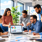 Tim pemasaran berdiskusi menganalisis data dan grafik bisnis menggunakan laptop dalam rapat strategi marketing.