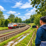 Ilustrasi kereta api KAI melintasi jalur berkelok di tengah pepohonan dengan railfans mengabadikan perjalanan.