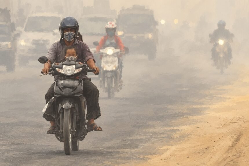 Ilustrasi polusi udara dan kabut asap di jalan raya yang mengganggu jarak pandang pengendara sepeda motor.
